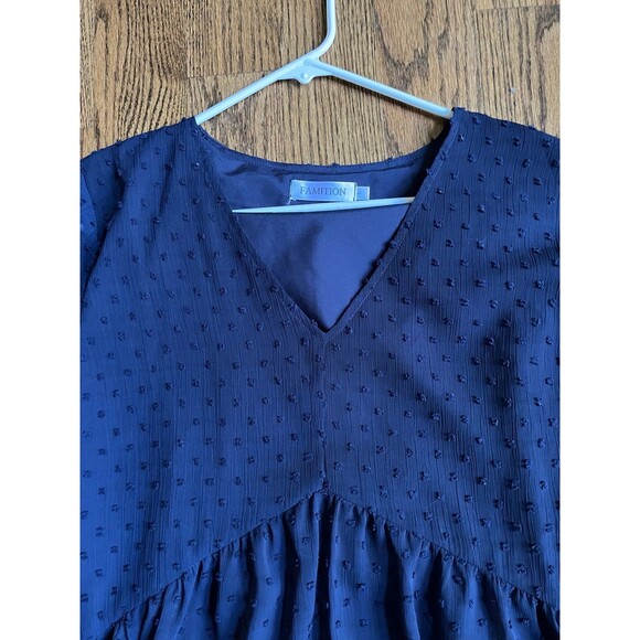 FAMITION Swiss Dot Dress V Neck Tunic Dress Casual Ruffle Swing Chiffon Large - Picture 2 of 4